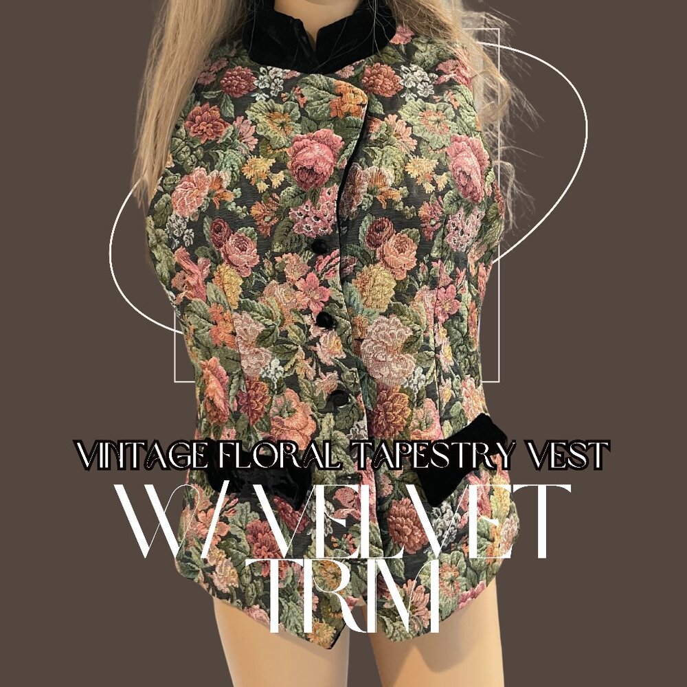 Vintage 90s Elizabeth Terrell English Floral Cottagecore Velvet Tapestry Vest 2P